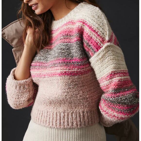 Anthropologie Pilcro Crewneck Pullover Sweater - Pink Stripe - Boho - Size XL - Picture 1 of 8